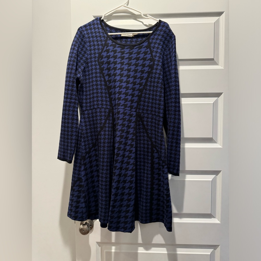 Calvin Klein Blue and Black Houndstooth Sweater Fit and Flare Dress